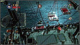 Na górze bierzemy strzelbę i strzelamy do wiszącego celu - Zemsta Królowej Anny - opis przejścia | Na nieznanych wodach - LEGO Piraci z Karaibów - poradnik do gry