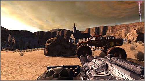 Trochę na uboczu, po prawej stronie od miasteczka znajduje się zrujnowany kościół - odszukaj w nim świerszczyka ukrytego pod jedną z ławek, by jeszcze bardziej podbudować Ego Dukea - 14. Ghost Town | Kampania w Duke Nukem Forever - Duke Nukem Forever - poradnik do gry