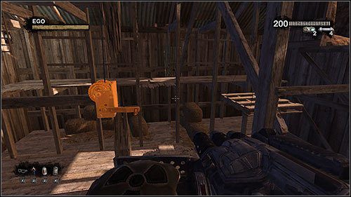 Przejdź po palecie i wejdź po drabince na ostatni poziom, tam opuść za pomocą kolejnej korby drugą drabinkę - 14. Ghost Town | Kampania w Duke Nukem Forever - Duke Nukem Forever - poradnik do gry