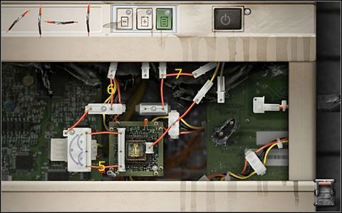 Następnie w ten sam sposób odłącz dolny przewód po lewej (5), górny po lewej (6) i górny pośrodku (7) - Zepsuta kopiarka | Rozdział 1 | Black Mirror III - Black Mirror III - poradnik do gry