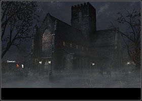 Wyjdź na zewnątrz (kursor w dole ekranu) i na moment wejdź na teren znajdującego się przy kościele cmentarza (na lewo od głównego wejścia do kościoła) - Grób mojego ojca (1) | Rozdział 1 | Black Mirror III - Black Mirror III - poradnik do gry