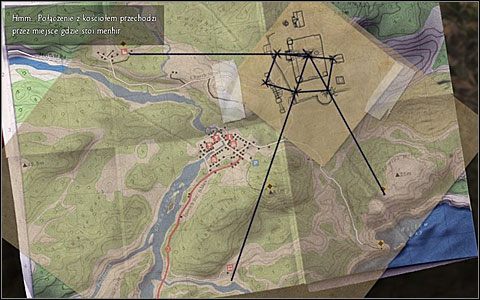 Trzecią linię poprowadź od tego samego menhiru co poprzednio przez kolejny, ten najbardziej po lewej (to ten przed frontem zamku) aż do kościoła w Warmhill - usłyszysz kolejny komentarz Adriana - Menhiry | Rozdział 3 | Black Mirror III - Black Mirror III - poradnik do gry