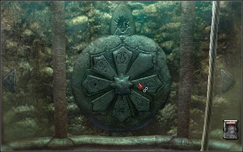 Na szczycie trzeciej tarczy, odpowiadającej trzeciej kolumnie, wyryto symbol ptaka (przynajmniej jeśli wierzyć twórcom na słowo, bo mnie trudno było tu cokolwiek rozpoznać) - Kanały (2) | Rozdział 6 | Black Mirror III - Black Mirror III - poradnik do gry