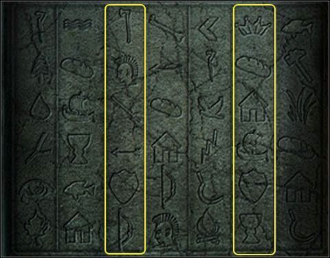 Istotny jest bowiem ciąg hieroglifów symbolizujących króla, czyli szósty (zaczyna się od korony, a następnie jest: chleb, dom, łódź, tarcza, kielich) oraz wojownika, czyli trzeci (zaczyna się toporkiem, a kolejne znaki to: Irokez, miecz, strzała, tarcza i łuk) - Kaplica | Rozdział 6 | Black Mirror III - Black Mirror III - poradnik do gry