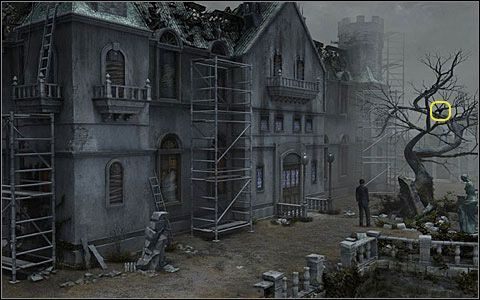 Zamek Black Mirror od strony ogrodu - szkic ten można odblokować w rozdziale trzecim (ewentualnie w następnych, warunkiem jest, by stało się to za dnia), klikając na kruka siedzącego na dziwnym drzewie rosnącym nieopodal kuchennego wejścia do zamku - Zdjęcia (01-10) | Dodatki | Black Mirror III - Black Mirror III - poradnik do gry