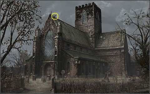 Kościół w Warmhill - szkic ten można odblokować w rozdziale pierwszym (ewentualnie w następnych, warunkiem jest, by stało się to za dnia), klikając na kruka siedzącego na szczycie kościoła w Warmhill - Zdjęcia (01-10) | Dodatki | Black Mirror III - Black Mirror III - poradnik do gry