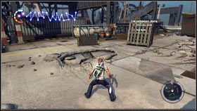 Otrzymasz od Zekeego zadania zrobienia dwóch zaznaczonych na mapie obiektów: zniszczonego żurawia [1] oraz śladu bestii [2] - Zdjęcia z akcji | Gas Works | nieSławny inFamous 2 - nieSławny: inFamous 2 - poradnik do gry