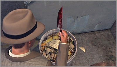 W koszu główny bohater odnajdzie zakrwawiony nóż kuchenny (powyższy screen) - Stab-Rite | Fabuła - Dodatkowe | Osiągnięcia w LA Noire - L.A. Noire - poradnik do gry