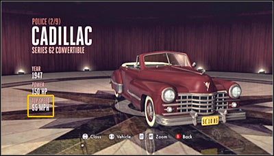 Gra nie podaje niestety informacji na temat aktualnej prędkości, ale z pomocą salonu samochodowego (VEHICLE SHOWROOM) możesz zbadać maksymalną prędkość dla upatrzonych modeli (powyższy screen) - Lead Foot | Akcja | Osiągnięcia w LA Noire - L.A. Noire - poradnik do gry