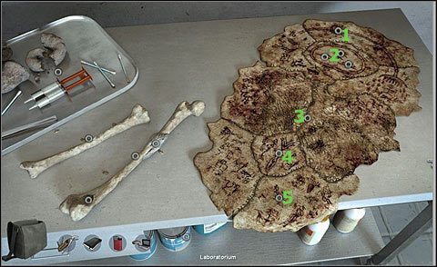 Przyjrzyj się też znakom na skórze (idąc od góry): łukowi złożonemu z symboli (1), trzem symbolom w owalu (2), rozkładającej się części (3), dwóm znakom (4) oraz nieczytelnym symbolom (5) - Zbadaj pozostawione na noc w okapie kości | Dzień i Noc 2 | Alpha Polaris - Alpha Polaris - opis przejścia - poradnik do gry