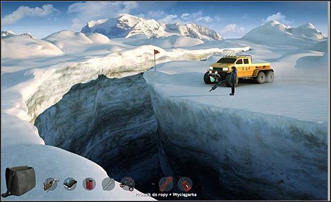 Dotarłszy na miejsce przymocuj próbnik do ropy do wyciągarki znajdującej się z przodu łazika - Opuść się w głąb szczeliny | Dzień 3 | Alpha Polaris - Alpha Polaris - opis przejścia - poradnik do gry