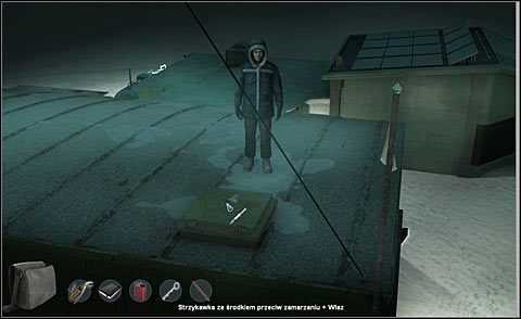 Wracaj na dach stacji, wdrap się na jego oblodzoną część po lewej i płynem ze strzykawki roztop lód na pokrywie włazu - Wróć do budynku | Noc 4 | Alpha Polaris - Alpha Polaris - opis przejścia - poradnik do gry