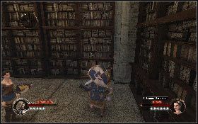 Po zabiciu wszystkich przejrzyj trzecie już zapiski, które znajdziesz w otwartej księdze [1], a potem weź klucz z prawego regału w środkowym rzędzie [2] - Misja 19 - Zamek Montsegur | Opis przejścia The First Templar - The First Templar - poradnik do gry