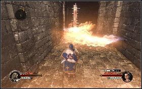 Zrób po komnacie jeszcze jedno kółeczko razem z ogniem i skieruj się do korytarza z lewej [1], po czym przebrnij przez następną porcję pułapek [2] - Misja 20 - Sanktuarium (1) | Opis przejścia The First Templar - The First Templar - poradnik do gry