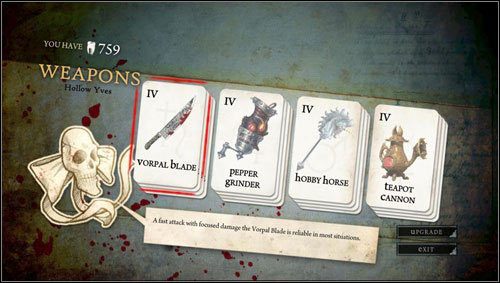 W grze dostępna jest możliwość ulepszania oręża - każdą broń możemy ulepszyć czterokrotnie, korzystając ze zgromadzonych w trakcie rozgrywki zębów - Ulepszanie broni | Alice Madness Returns - Alice: Madness Returns - poradnik do gry