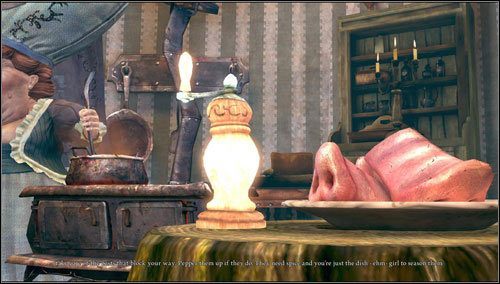 Schodzimy do małego pomieszczenia, gdzie pani o sporych gabarytach zawzięcie pichci potrawę ze świńskich ryjków - Slug with a shell | Rozdział 1 - Hatters Domain | Alice Madness Returns - Alice: Madness Returns - poradnik do gry