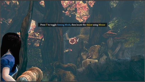 Po zniszczeniu uli w powietrzu widzimy latający świński ryjek - strzelamy w niego z młynka dotąd, dopóki nie wybuchnie - Slug with a shell | Rozdział 1 - Hatters Domain | Alice Madness Returns - Alice: Madness Returns - poradnik do gry