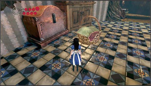 Wracamy do kuchni i niszczymy leżący na ziemi koszyk z niespodzianką - Slug with a shell | Rozdział 1 - Hatters Domain | Alice Madness Returns - Alice: Madness Returns - poradnik do gry