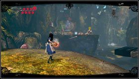 Na środku planszy w powietrzu znajdujemy kolejny świński ryjek - jego zestrzelenie spowoduje uruchomienie platform z kostek domina - Slug with a shell | Rozdział 1 - Hatters Domain | Alice Madness Returns - Alice: Madness Returns - poradnik do gry