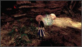 Podchodzimy pod drzewko z różowymi liśćmi - pojawia się trampolina, po której wskakujemy na górę - Slug with a shell | Rozdział 1 - Hatters Domain | Alice Madness Returns - Alice: Madness Returns - poradnik do gry