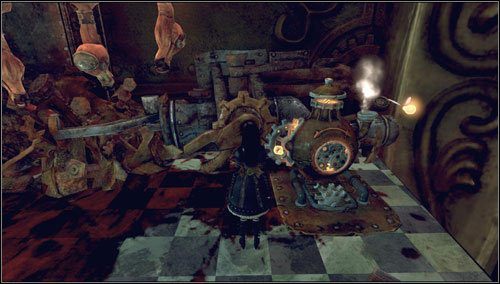 Wchodzimy do środka i pociągamy za dźwignię, wciskając klawisz C - Hatters Gate | Rozdział 1 - Hatters Domain | Alice Madness Returns - Alice: Madness Returns - poradnik do gry