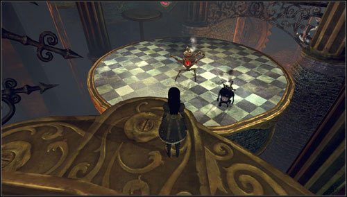 Schodzimy platformę niżej - tam czeka na nas kolejna walka z Eyepotem i dwoma sztukami Insidious Ruin - Always Elevenses | Rozdział 1 - Hatters Domain | Alice Madness Returns - Alice: Madness Returns - poradnik do gry