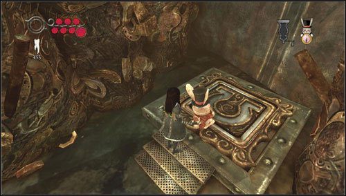 Rzucamy bombę zegarową tak, by pod jej ciężarem przełącznik z kowadełkiem został wciśnięty - About Face | Rozdział 1 - Hatters Domain | Alice Madness Returns - Alice: Madness Returns - poradnik do gry