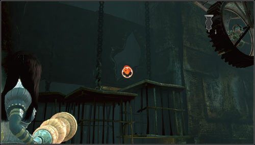 Wyskakujemy na stos klatek wiszących w powietrzu i obracamy się za siebie - Cranking Up & Pressing Down (2) | Rozdział 1 - Hatters Domain - Alice: Madness Returns - poradnik do gry