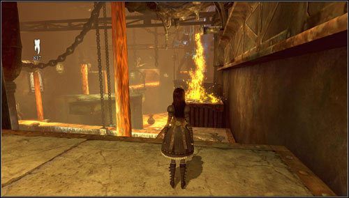 Uważamy podczas przeskakiwania pomiędzy olbrzymimi skrzyniami - naprzemiennie wylewają się na nie spore ilości gorącego metalu - Smelling & Regurgitating (1) | Rozdział 1 - Hatters Domain - Alice: Madness Returns - poradnik do gry