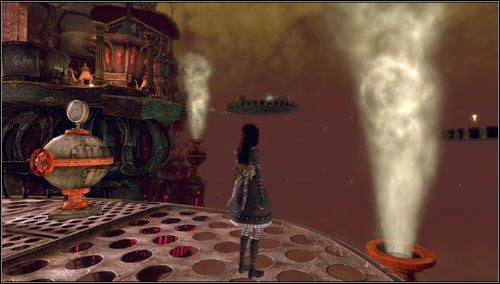 Poruszamy się w stronę sporej platformy w szachownicę, korzystając z ruchomych platform w kształcie kół zębatych i mechanizmów emitujących parę - Smelling & Regurgitating (2) | Rozdział 1 - Hatters Domain - Alice: Madness Returns - poradnik do gry