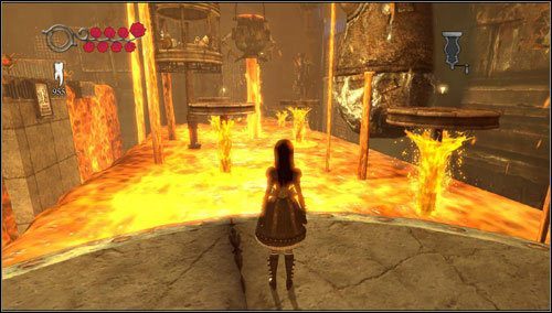 Przeskakujemy po platformach umieszczonych na ognistym jeziorze płynnego metalu - Smelling & Regurgitating (2) | Rozdział 1 - Hatters Domain - Alice: Madness Returns - poradnik do gry