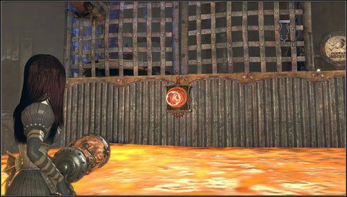 Strzelamy w umiejscowiony po drugiej stronie ognistej rzeki przełącznik - Smelling & Regurgitating (2) | Rozdział 1 - Hatters Domain - Alice: Madness Returns - poradnik do gry