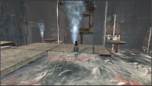 Wskakujemy na platformę z dźwignią, pociągamy za nią i uwalniamy ręce Hattera - Smelling & Regurgitating (2) | Rozdział 1 - Hatters Domain - Alice: Madness Returns - poradnik do gry
