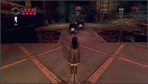 Wchodzimy do sporej sali, gdzie zaatakuje nas bardzo duża grupa Insidious Ruin - Assemblage (Or Destruction) | Rozdział 1 - Hatters Domain - Alice: Madness Returns - poradnik do gry