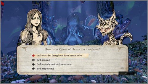 Naszym zadaniem jest odpowiedzieć na pytanie: How is the Queen of Hearts like a typhoon - Sliding toward Oblivion | Rozdział 2 - Deluded Depths | Alice Madness Returns - Alice: Madness Returns - poradnik do gry