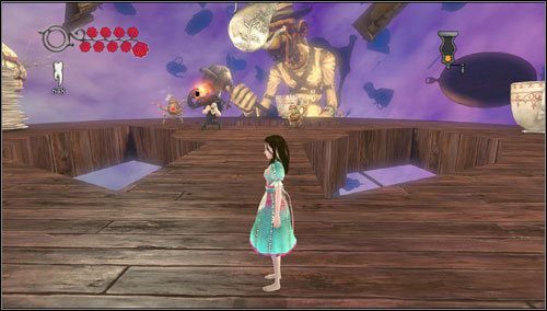 Teraz czeka nas najtrudniejsze zadanie z tej serii - musimy pokonać dwie fale wrogów składających się z przedstawicieli gatunku Menacing Ruin i Eyepotów - Barrelbottom Revisited | Rozdział 2 - Deluded Depths | Alice Madness Returns - Alice: Madness Returns - poradnik do gry