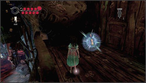 Ustrzelenie ryjka odblokowuje trampolinę, po której wskakujemy na mały balkonik przy drewnianej chatce - Barrelbottom Revisited | Rozdział 2 - Deluded Depths | Alice Madness Returns - Alice: Madness Returns - poradnik do gry