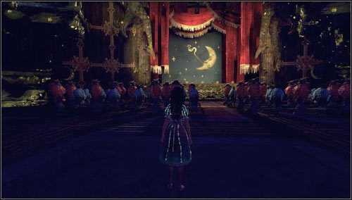 Idziemy w dół ścieżki, dochodzimy do głównej sali teatralnej i oglądamy przedstawienie - Barrelbottom Revisited | Rozdział 2 - Deluded Depths | Alice Madness Returns - Alice: Madness Returns - poradnik do gry