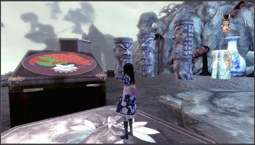 Wyskakujemy na górę po uruchomionych kolumnach i pociągamy za łańcuch - Monastery Shelf Valley (2) | Rozdział 3 - Oriental Grove | Alice Madness Returns - Alice: Madness Returns - poradnik do gry