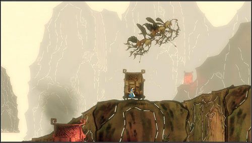 Omijamy tercet pszczelich łuczników, pokonując drogę w odpowiednim tempie, wyczekując na koniec sekwencji strzałów - Scroll of Dark Skies | Rozdział 3 - Oriental Grove | Alice Madness Returns - Alice: Madness Returns - poradnik do gry