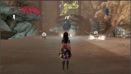 Wychodzimy na górę po schodach do planszy z ogromną żabą na podeście - Hellish Hive (1) | Rozdział 3 - Oriental Grove | Alice Madness Returns - Alice: Madness Returns - poradnik do gry