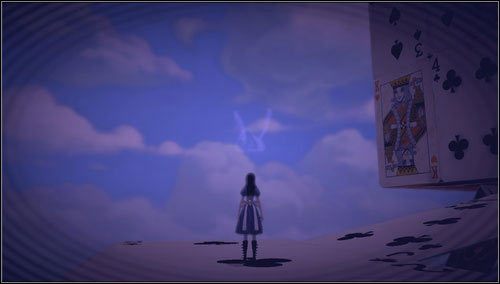 Zanim wejdziemy do budynku z kart, zmniejszamy się - na wprost widzimy kolejny ukryty świński ryjek - Cardbridge (1) | Rozdział 4 - Queensland | Alice Madness Returns - Alice: Madness Returns - poradnik do gry