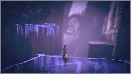 Idziemy na skraj urwiska i przeskakujemy na małą półkę skalną za pomocą niewidzialnych, ruchomych platform - Least Wing (1) | Rozdział 4 - Queensland | Alice Madness Returns - Alice: Madness Returns - poradnik do gry