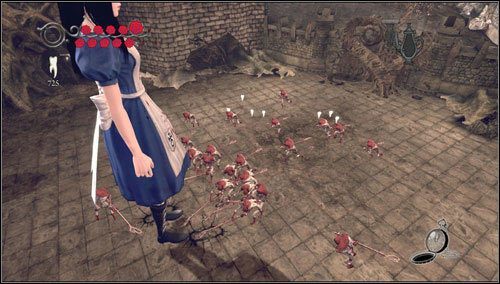 Mocnymi tupnięciami niszczymy całą armię karcianych strażników - Harder they Fall | Rozdział 4 - Queensland | Alice Madness Returns - Alice: Madness Returns - poradnik do gry