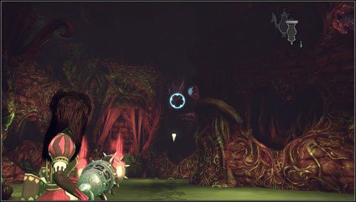 Na pierwszej ruchomej platformie strzelamy w oddalone serce umieszczone po prawej od wejścia zakrytego cegłami - Dark of Heartness | Rozdział 4 - Queensland | Alice Madness Returns - Alice: Madness Returns - poradnik do gry