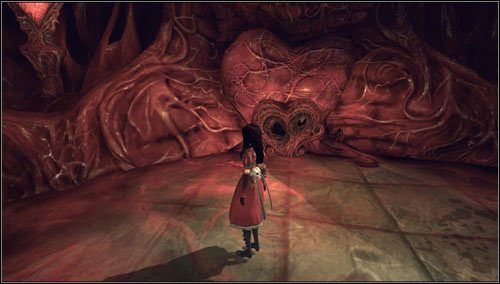 Obok pulsującego serca ukryta jest mysia dziurka, którą zauważamy podczas pomniejszenia, tak jak inne tego typu przejścia - Dark of Heartness | Rozdział 4 - Queensland | Alice Madness Returns - Alice: Madness Returns - poradnik do gry