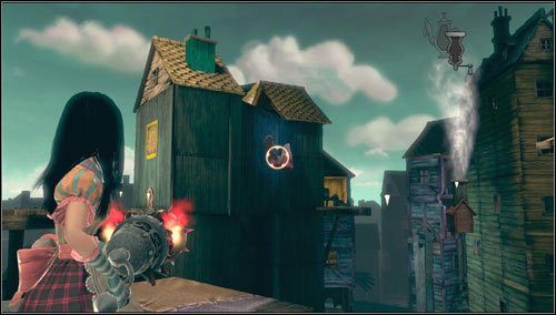 Na tle domku fruwa świński ryjek, który zestrzeliwujemy - Fort Resistance | Rozdział 5 - Dollhouse | Alice Madness Returns - Alice: Madness Returns - poradnik do gry