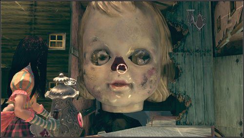 Na twarzy lalki zamiast noska znajdujemy świński ryjek, który zestrzeliwujemy - Frogs Way (2) | Rozdział 5 - Dollhouse | Alice Madness Returns - Alice: Madness Returns - poradnik do gry