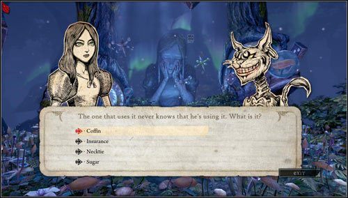 Odpowiedzią na pytanie zadane przez kota jest Coffin - Frogs Way (3) | Rozdział 5 - Dollhouse | Alice Madness Returns - Alice: Madness Returns - poradnik do gry
