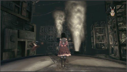 Rzucamy bombę na platformę po lewej szybciutko przeskakujemy na drugi podest korzystając z pary - Downtown Cellars (3) | Rozdział 5 - Dollhouse | Alice Madness Returns - Alice: Madness Returns - poradnik do gry